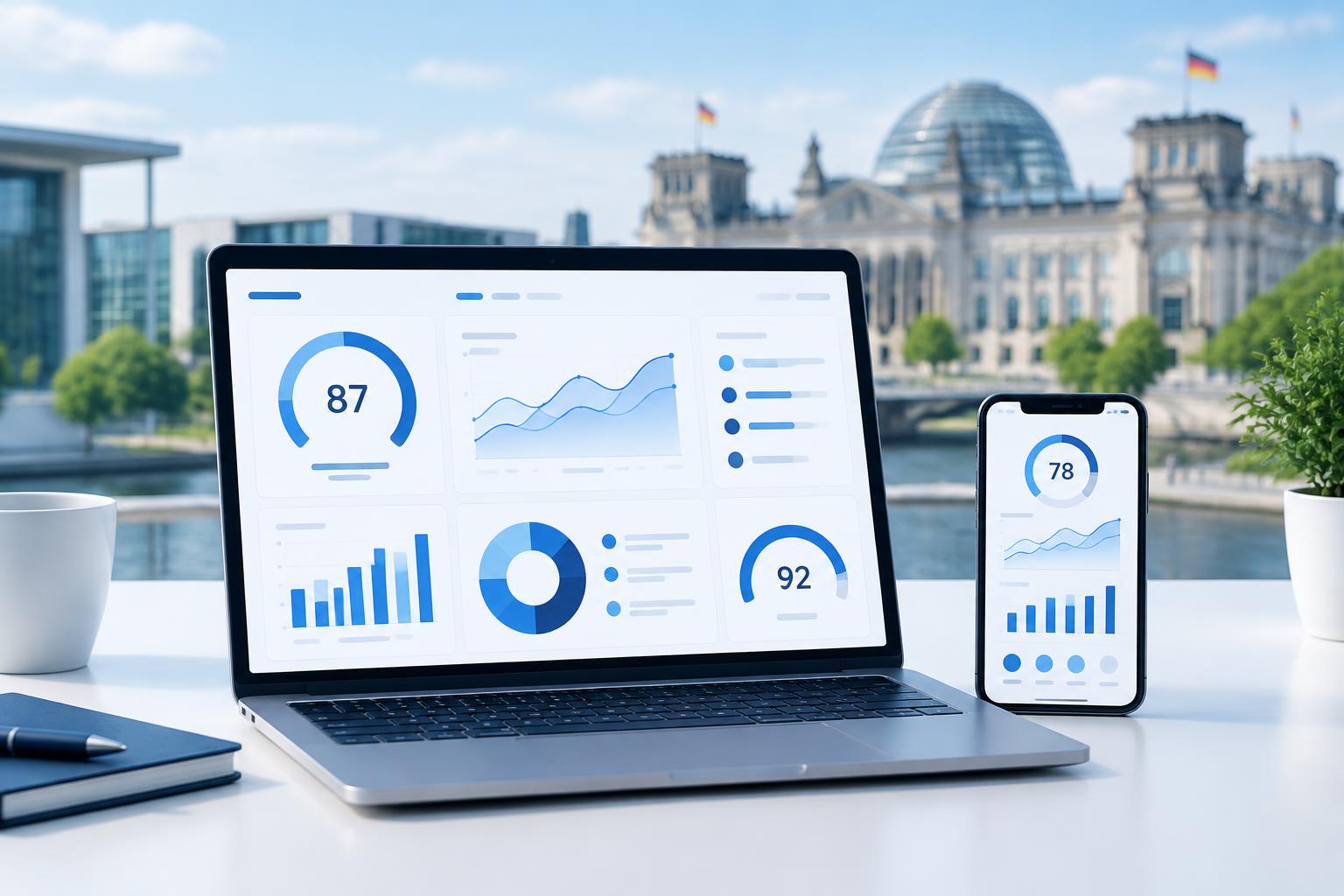 Laptop und Smartphone mit Website-Analyse vor dem Berliner Regierungsviertel