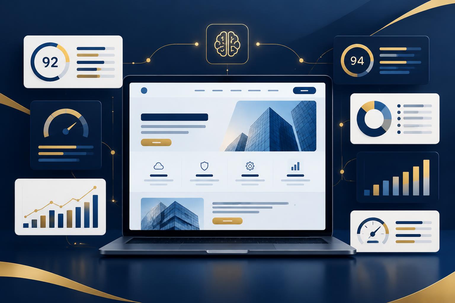 Website eines Softwarekonzerns im KI-Check: Laptop mit Unternehmensseite, umgeben von Score-Karten und Performance-Diagrammen