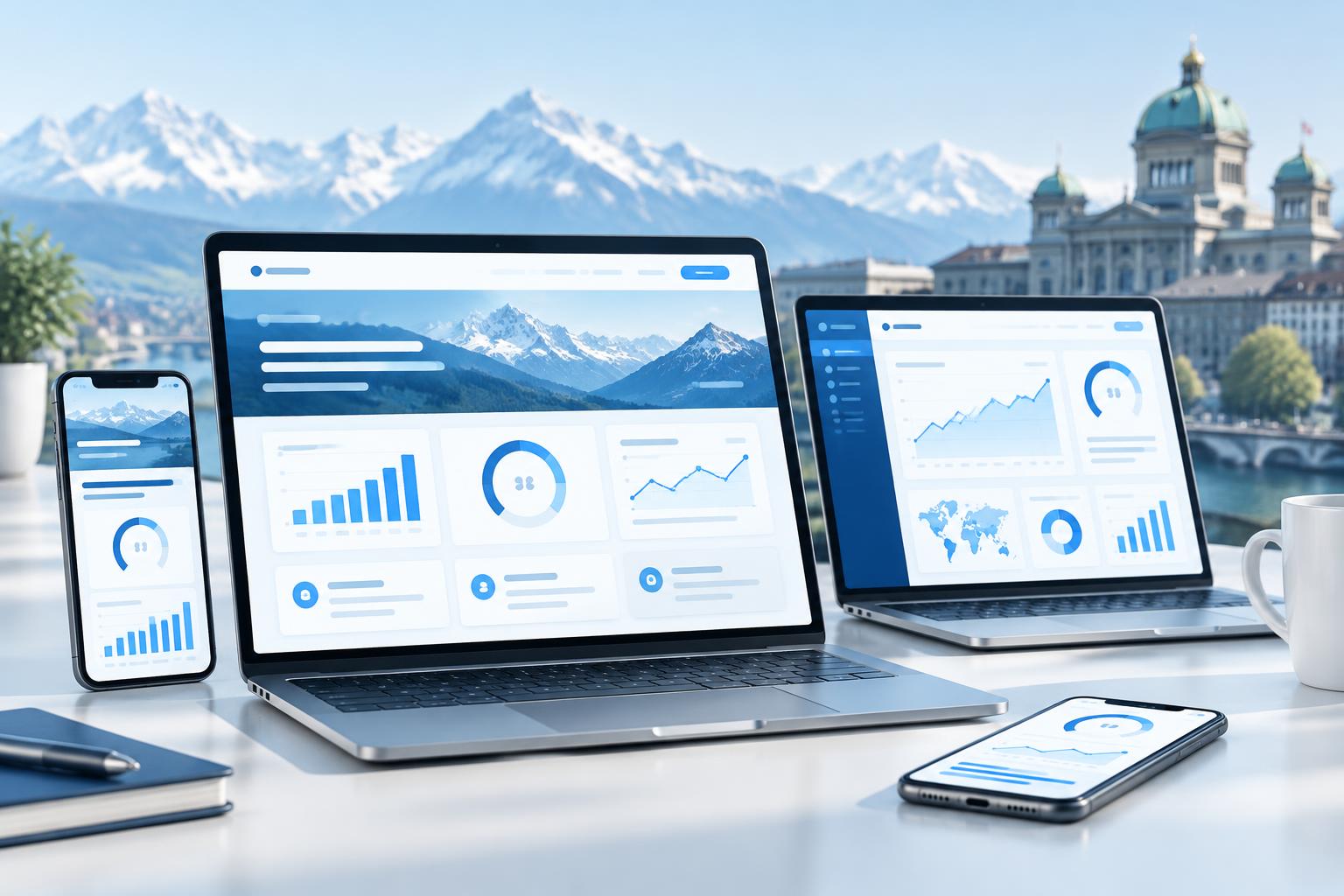 Laptops und Smartphones mit Website-Analysen vor dem Bundeshaus in Bern