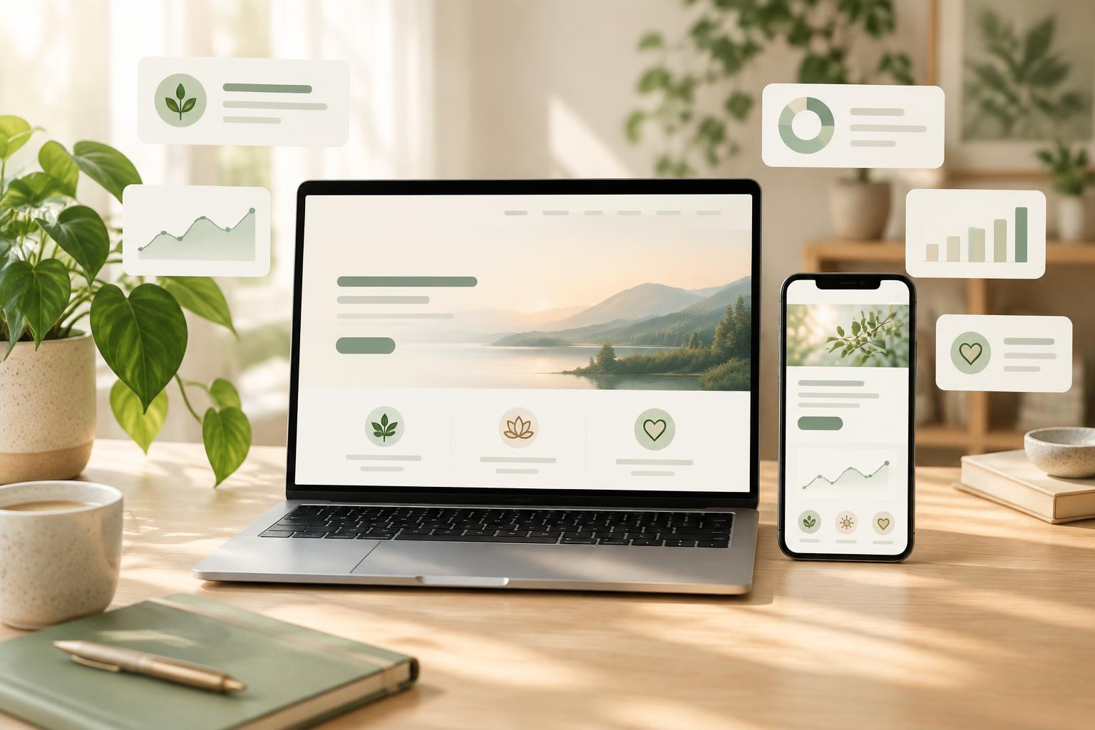 Website einer Therapie- und Coaching-Praxis auf Laptop und Smartphone, umgeben von Score-Karten
